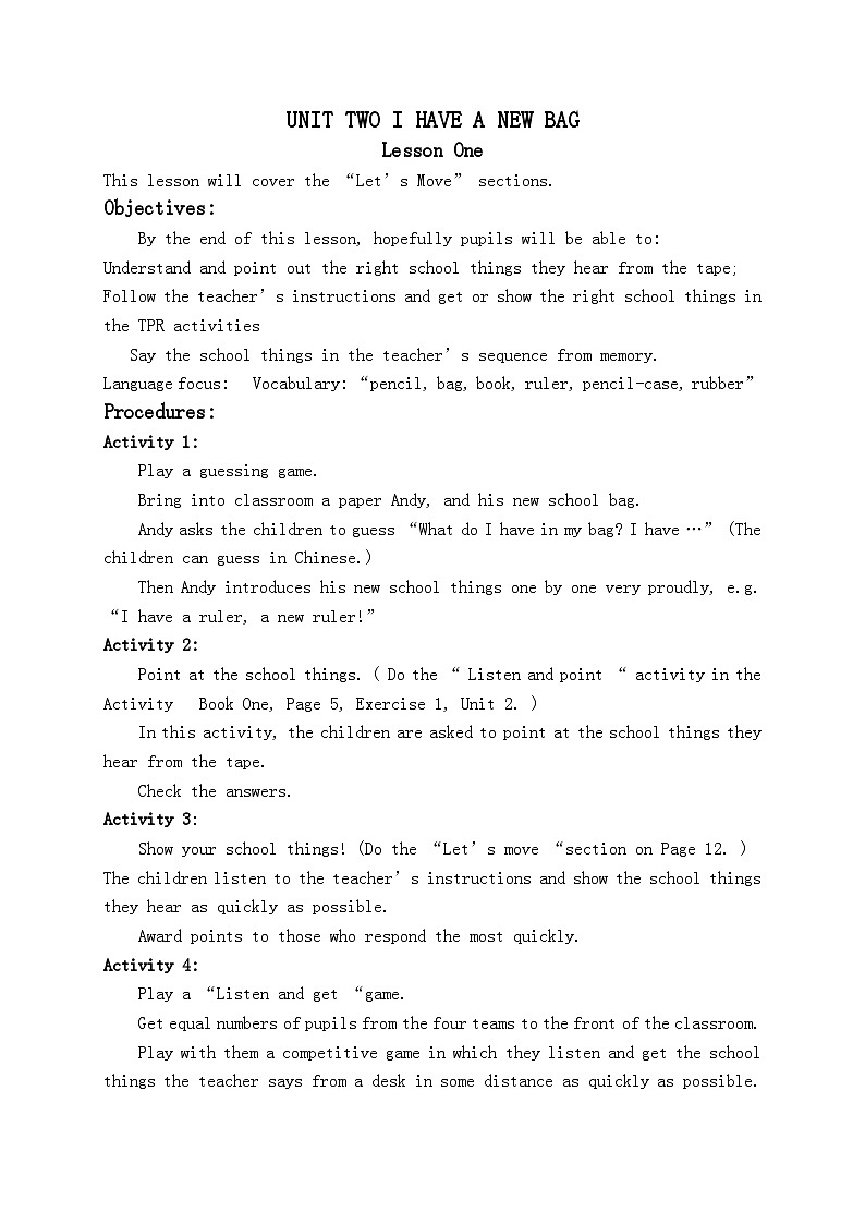教科版（广州）（一起）一年级英语上册《Unit 2 Lesson One》教案设计第1页