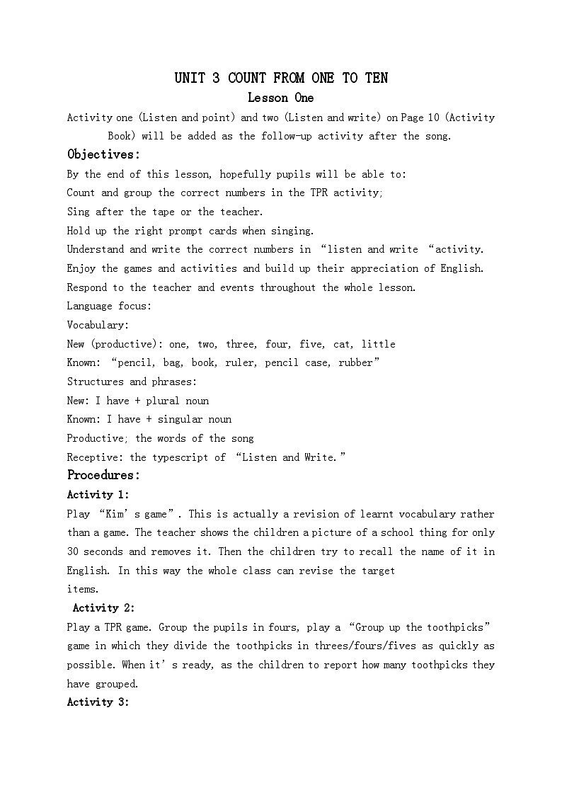 教科版（广州）（一起）一年级英语上册《Unit 3 Lesson One》教案设计第1页