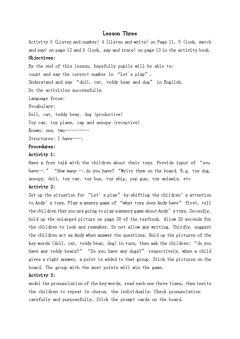 教科版（广州）（一起）一年级英语上册《Unit 3 Lesson Three》教案设计第1页