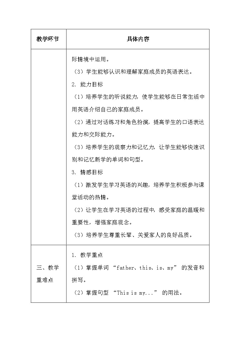 闽教版（2024）三年级上册英语Unit 4 Lesson 1 This is my father.教案第2页