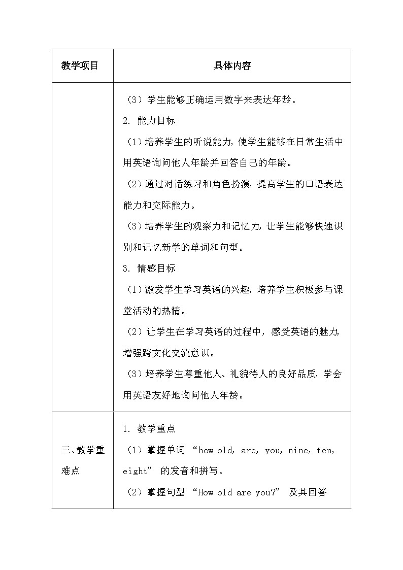 闽教版（2024）三年级上册英语Unit 2 Lesson 3 How old are you？ 教案【表格式】第2页