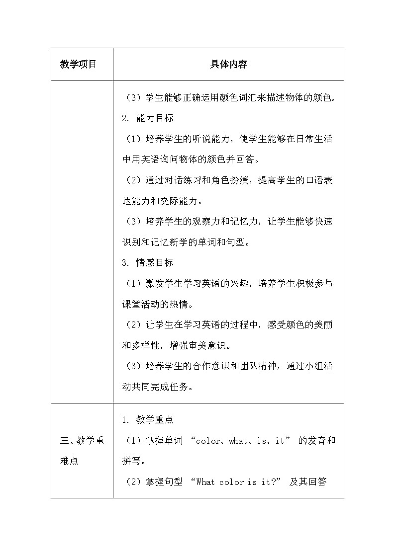 闽教版（2024）三年级上册英语Unit 3 Lesson 2 What color is it？教案【表格式】第2页