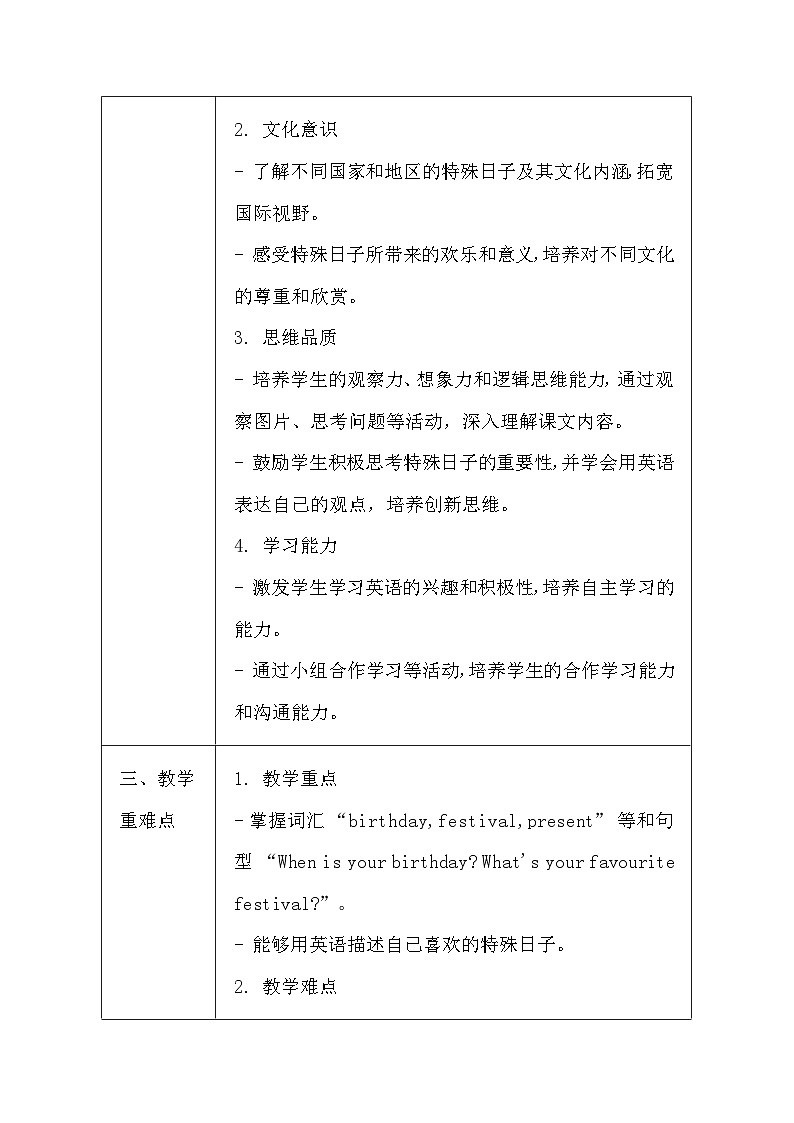 清华大学版（2024）三年级上册英语Unit Four《Special Days》教案【表格式】第2页