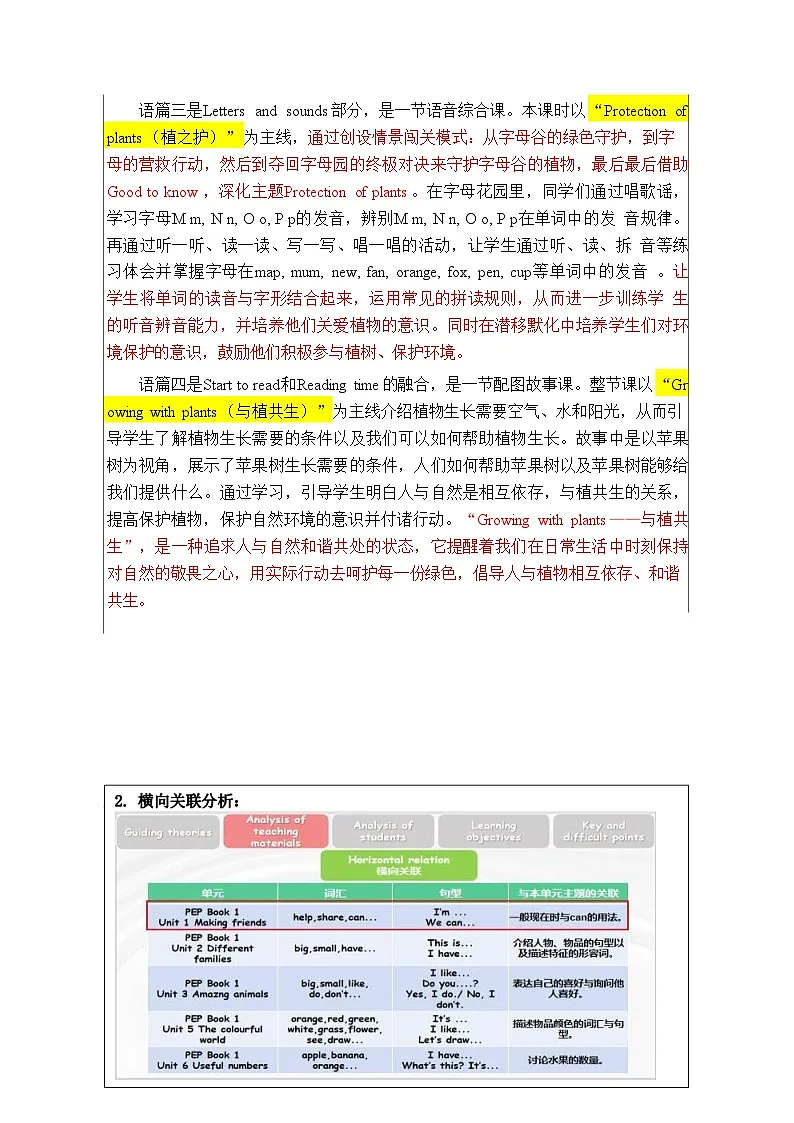 人教PEP版（2024）三年级上册英语 Unit 4 Plants around us 教案（单元整体设计）【表格式】第3页