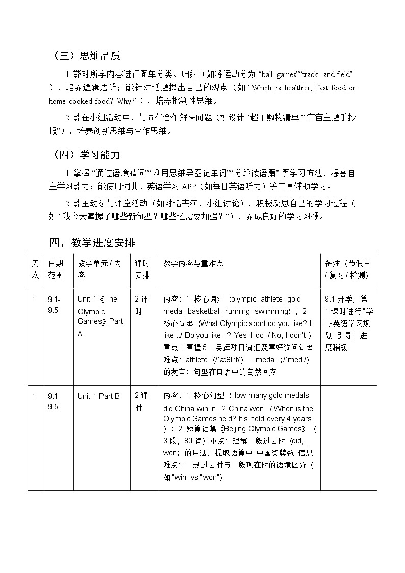 2025-2026学年闽教版小学英语六年级上册教学计划及进度表第3页