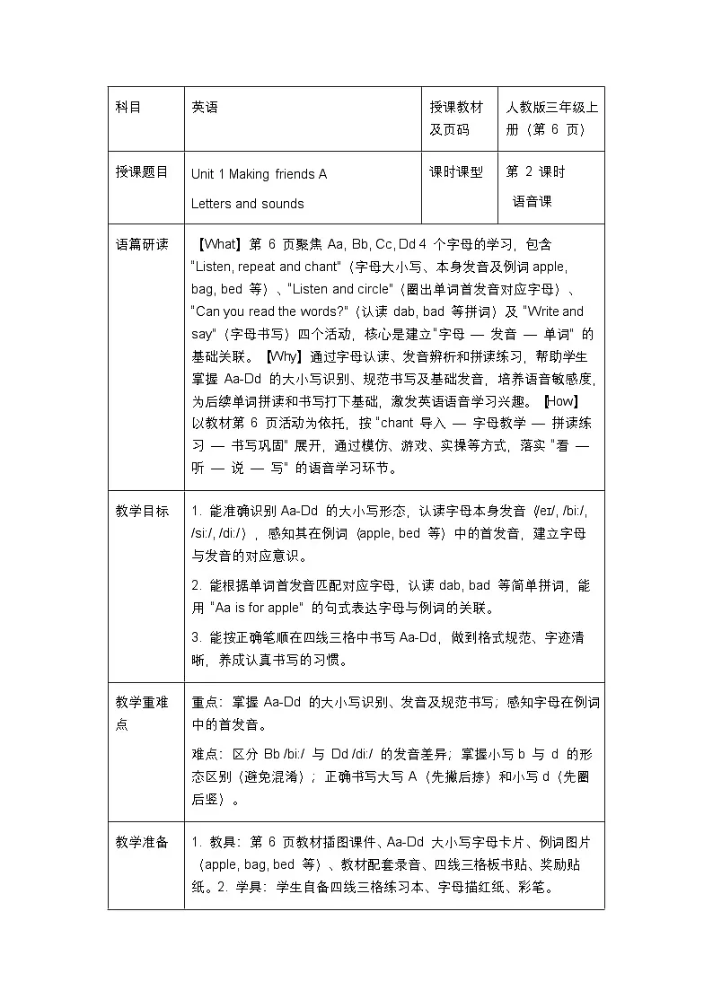 人教版2024小学英语三年级上册 Unit1ALetters and sounds表格式教案第1页