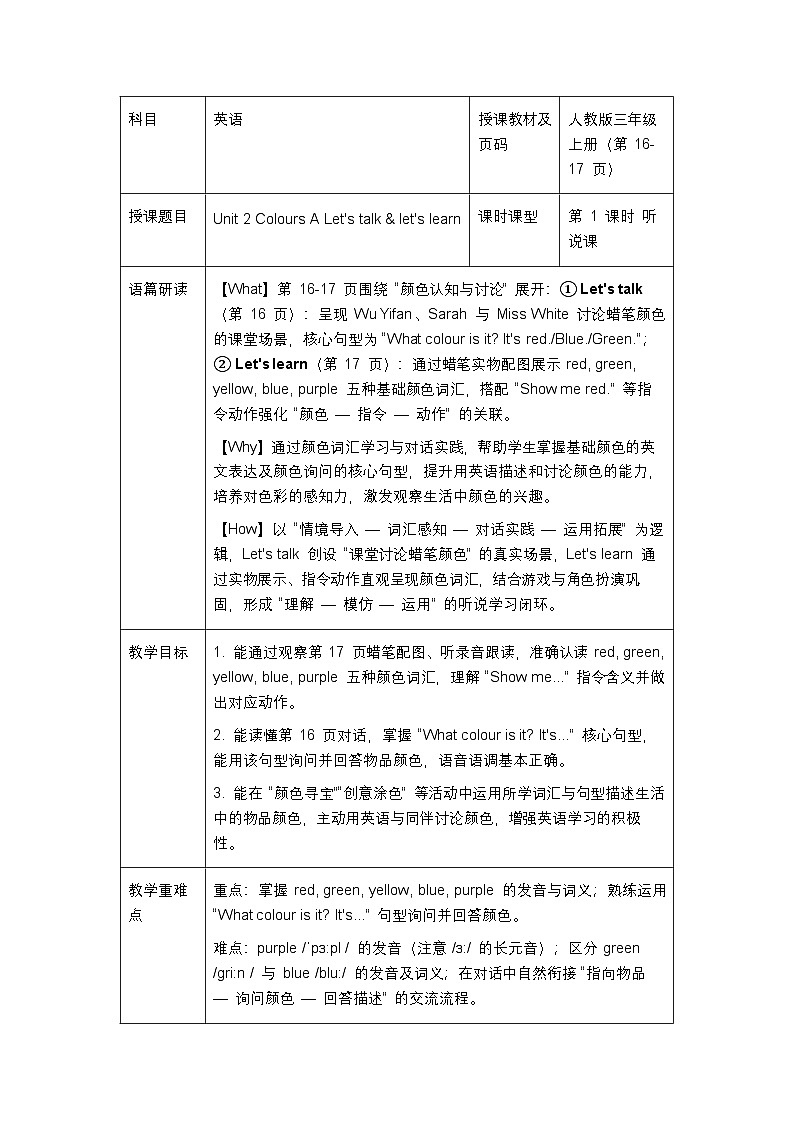 人教版2024小学英语三年级上册 Unit2ALet's talk&let's learn表格式教案第1页