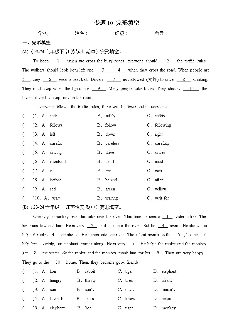 专题10 完形填空-2024-2025学年六年级英语下学期期中复习讲练册（译林版三起）-A4第1页