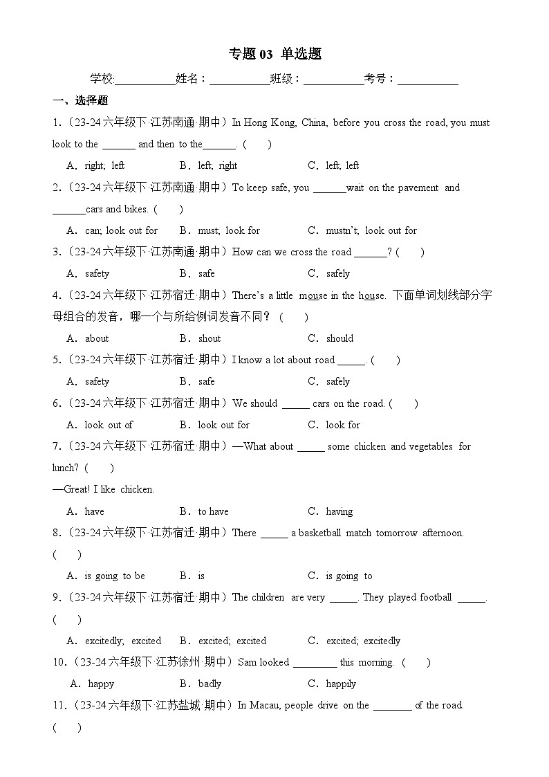 专题03 单选题-2024-2025学年六年级英语下学期期中复习讲练测 (译林版三起）-A4第1页