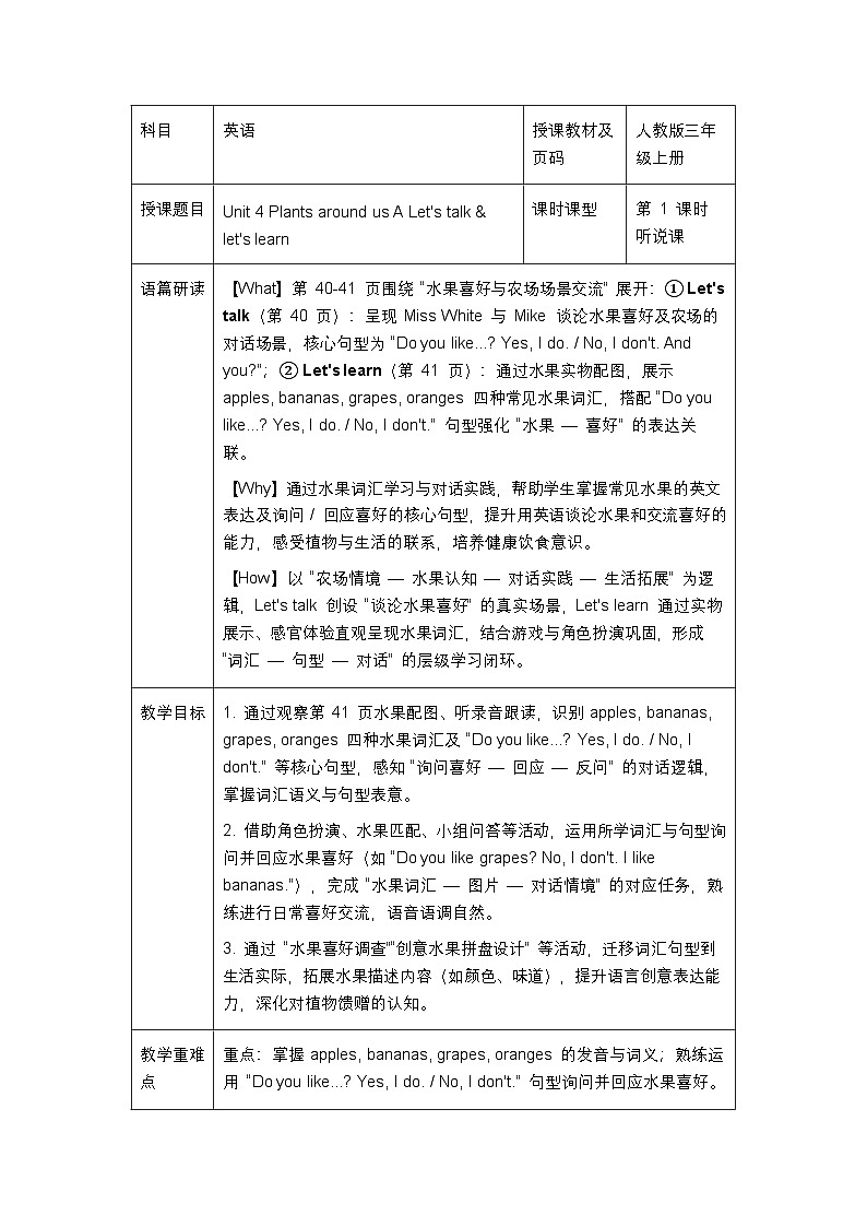 人教版2024小学英语三年级上册 Unit4ALet's talk&let's learn表格式教案第1页