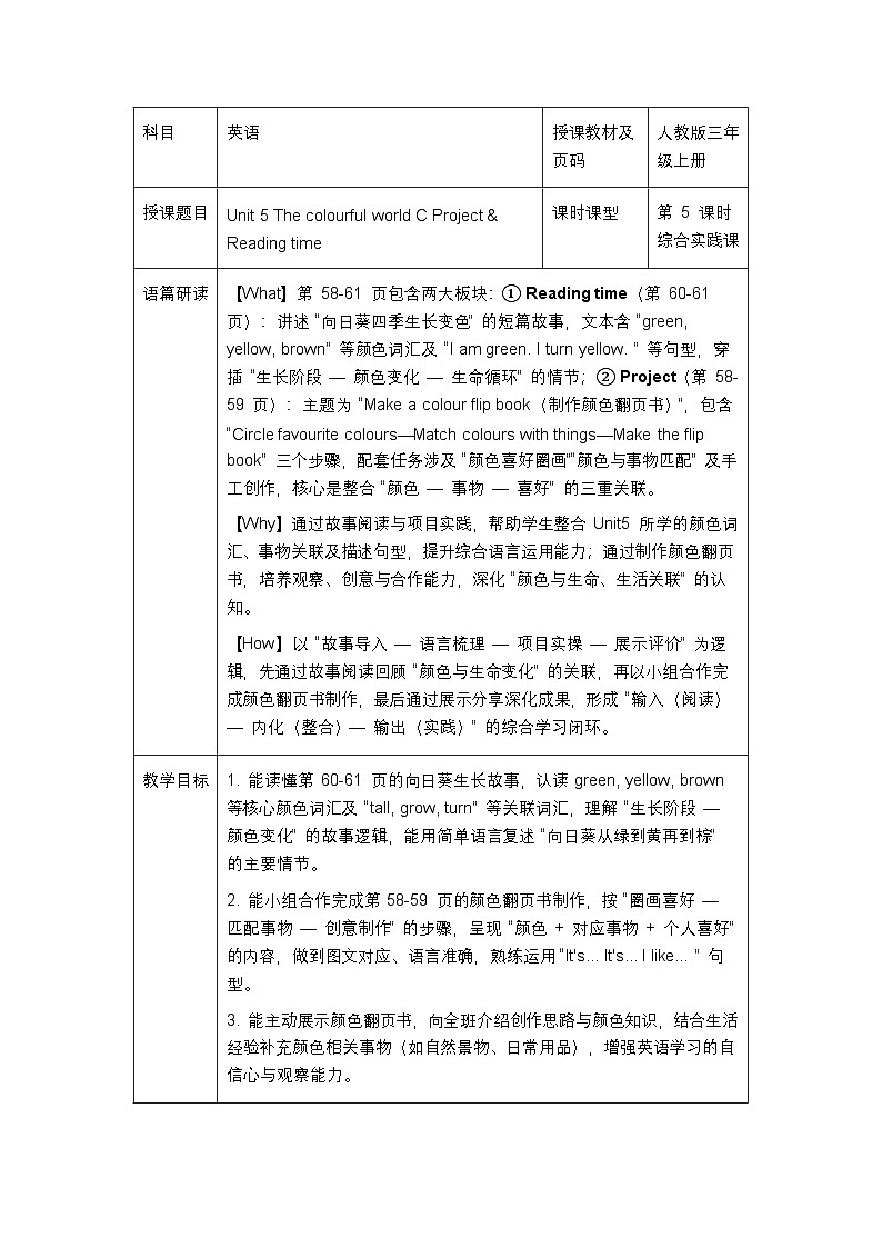 人教版2024小学英语三年级上册 Unit5CProject&Reading time 表格式教案第1页