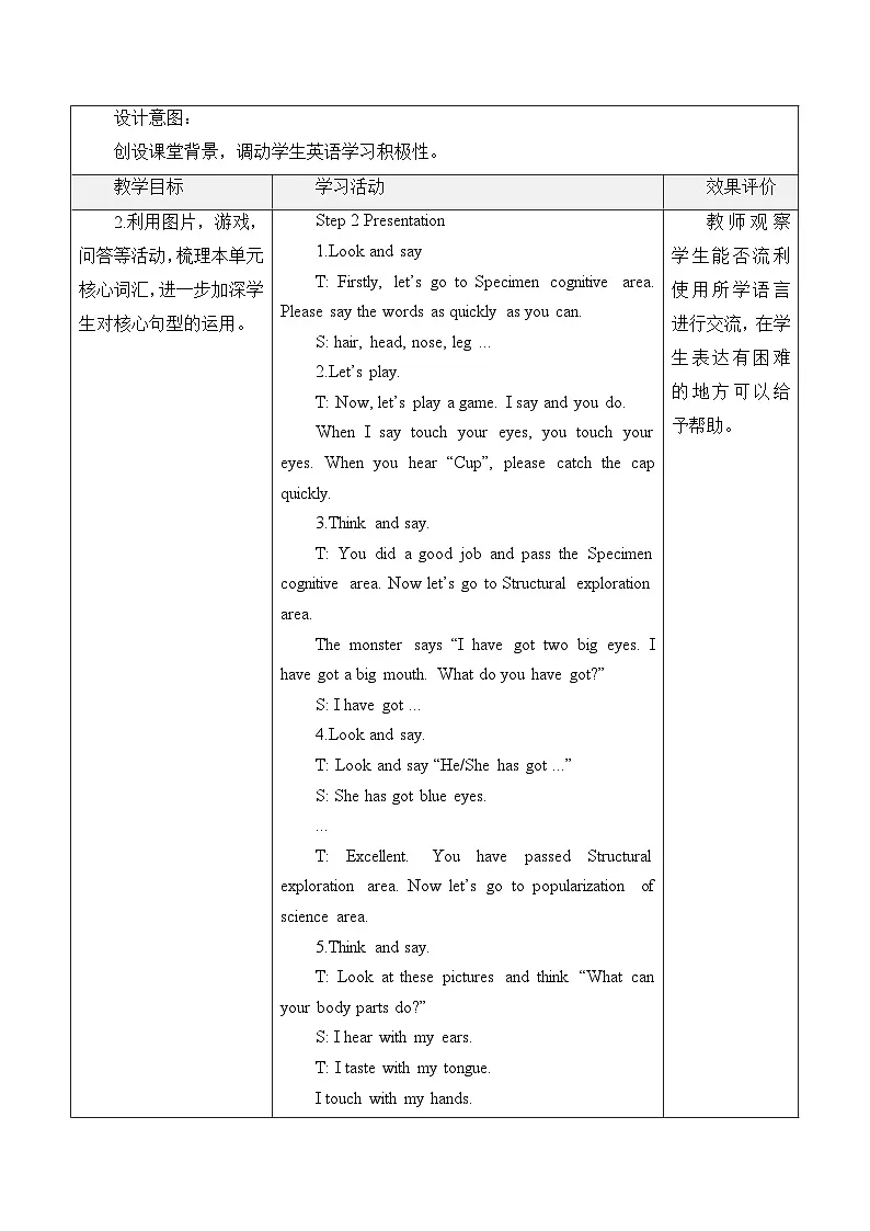 外研版2024三年级下册 U2 Know your body Period 6 Wrap up & Check it & Let’s explore教案第2页