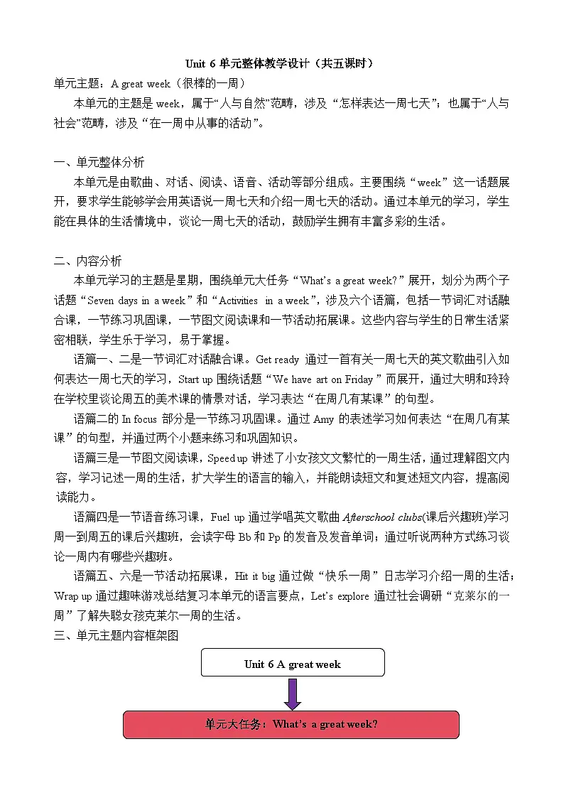 外研版2024英语三年级下册Unit 6 A great week教案第1页