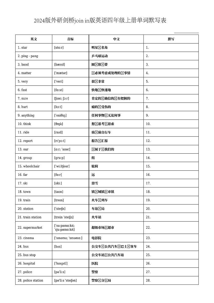 2024版外研剑桥join in版英语四年级上册单词期末默写表练习第1页
