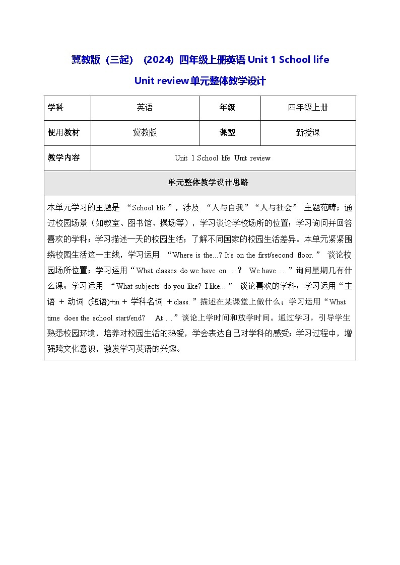 冀教版（三起）（2024）四年级上册英语Unit 1 School life Unit review单元整体教学设计【表格式】第1页