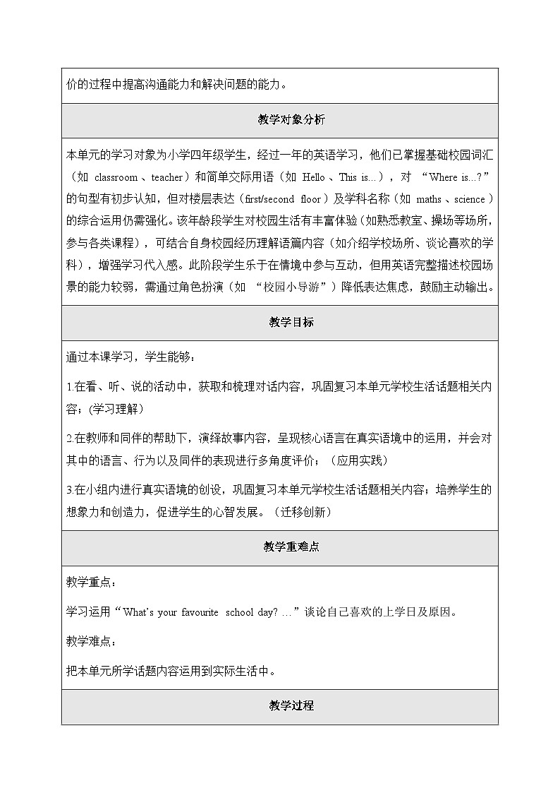 冀教版（三起）（2024）四年级上册英语Unit 1 School life Unit review单元整体教学设计【表格式】第3页