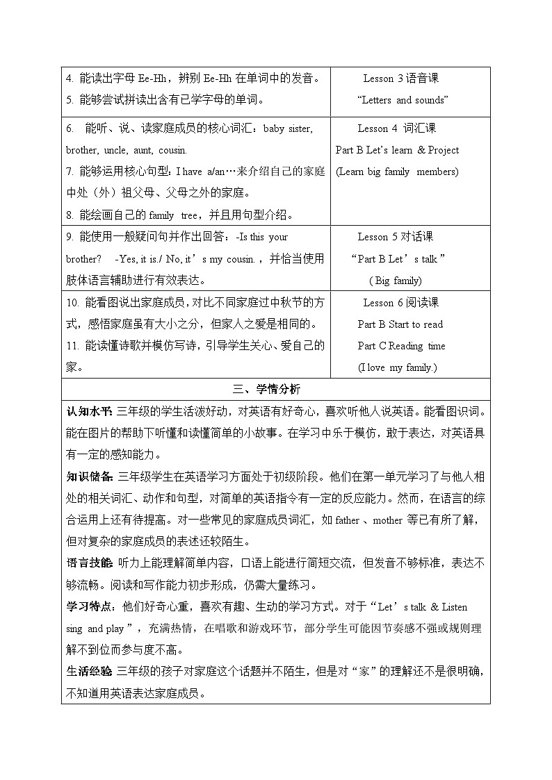 人教PEP版（2024）三年级上册英语Unit 2 Different families大单元整体教学设计【表格式】第3页