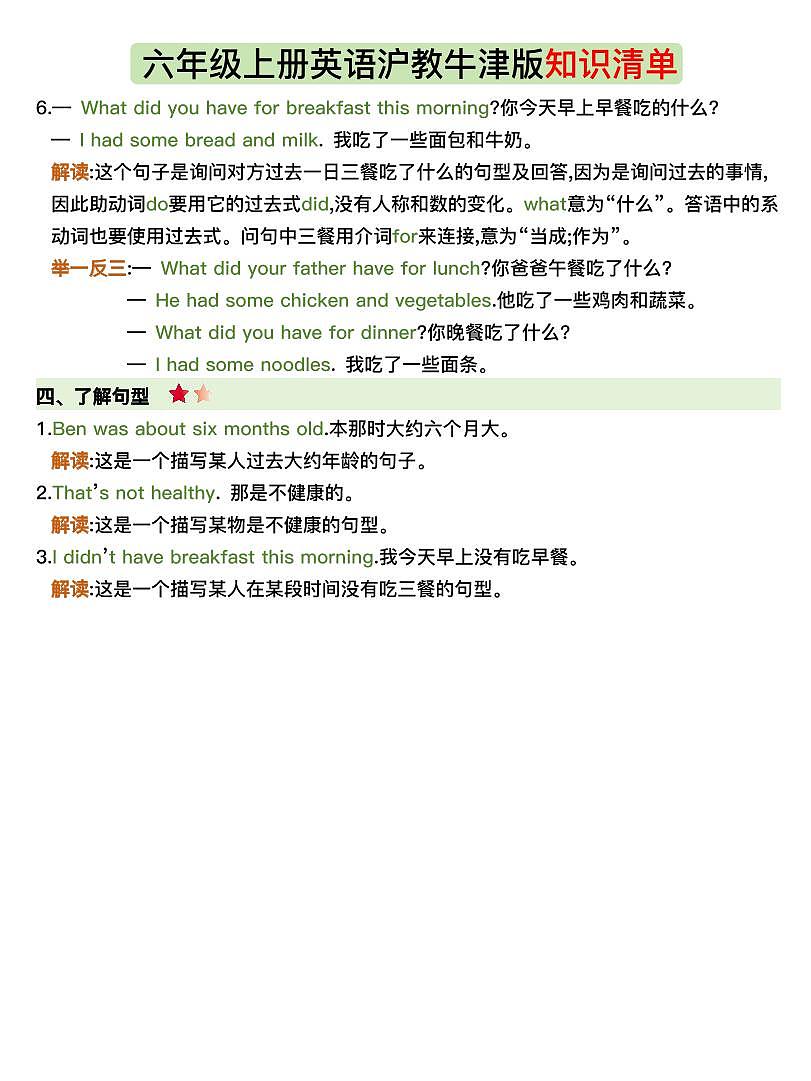 沪教牛津版六年级上册英语期末知识清单第3页