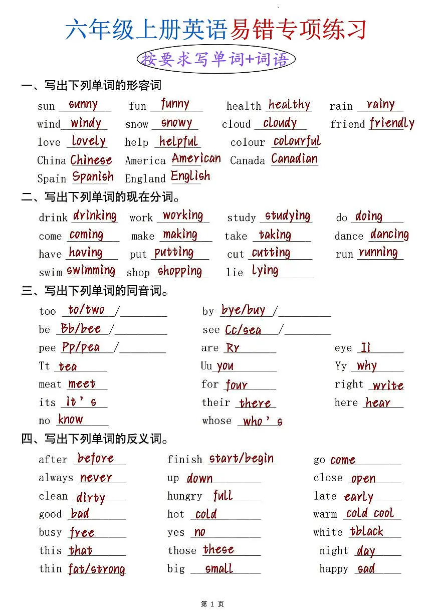 人教版六年级上册英语期末易错专项练习含答案第1页