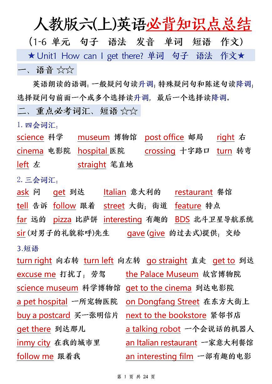 人教版六年级上册英语期末必备知识点汇总（单词+短语+句型+语法+写作）第1页