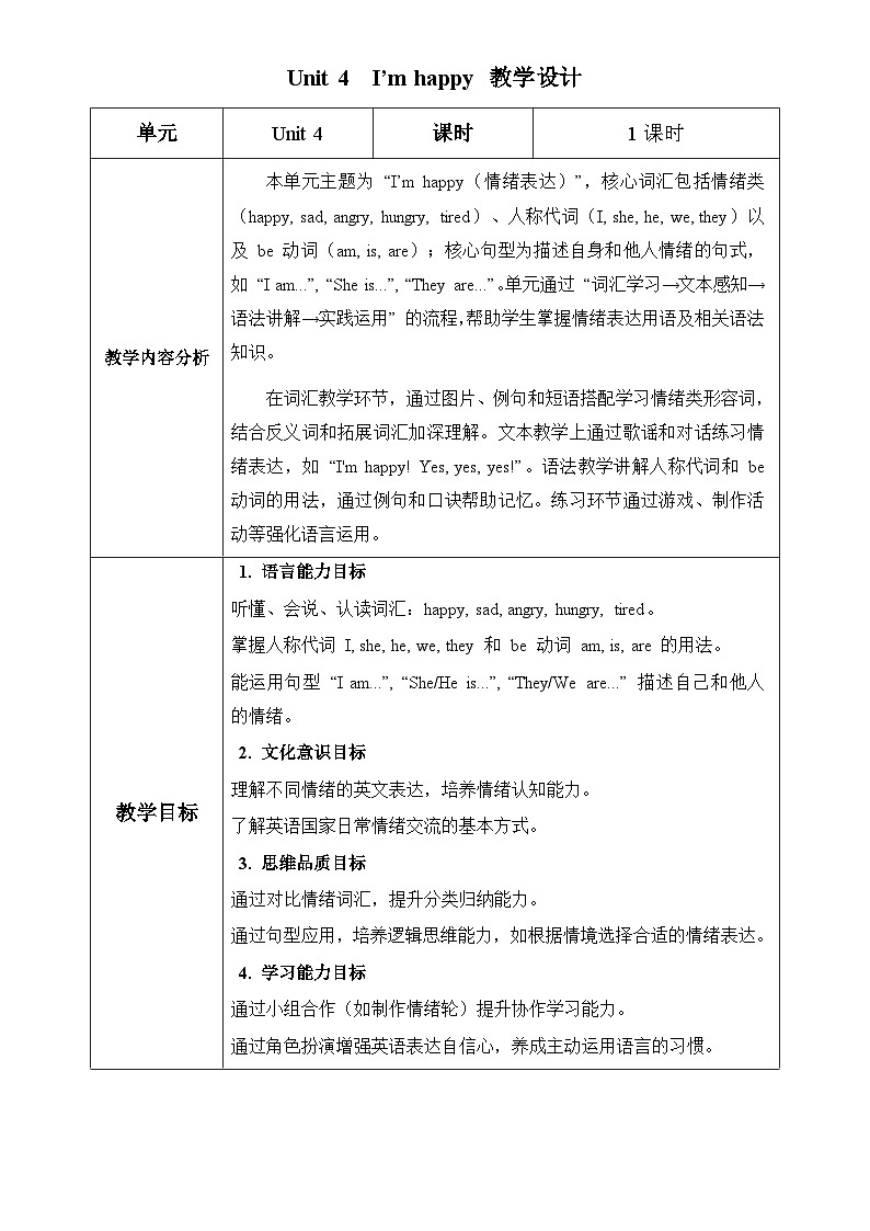新人教PEP小学英语二上Unit 4 表格式教学设计第1页