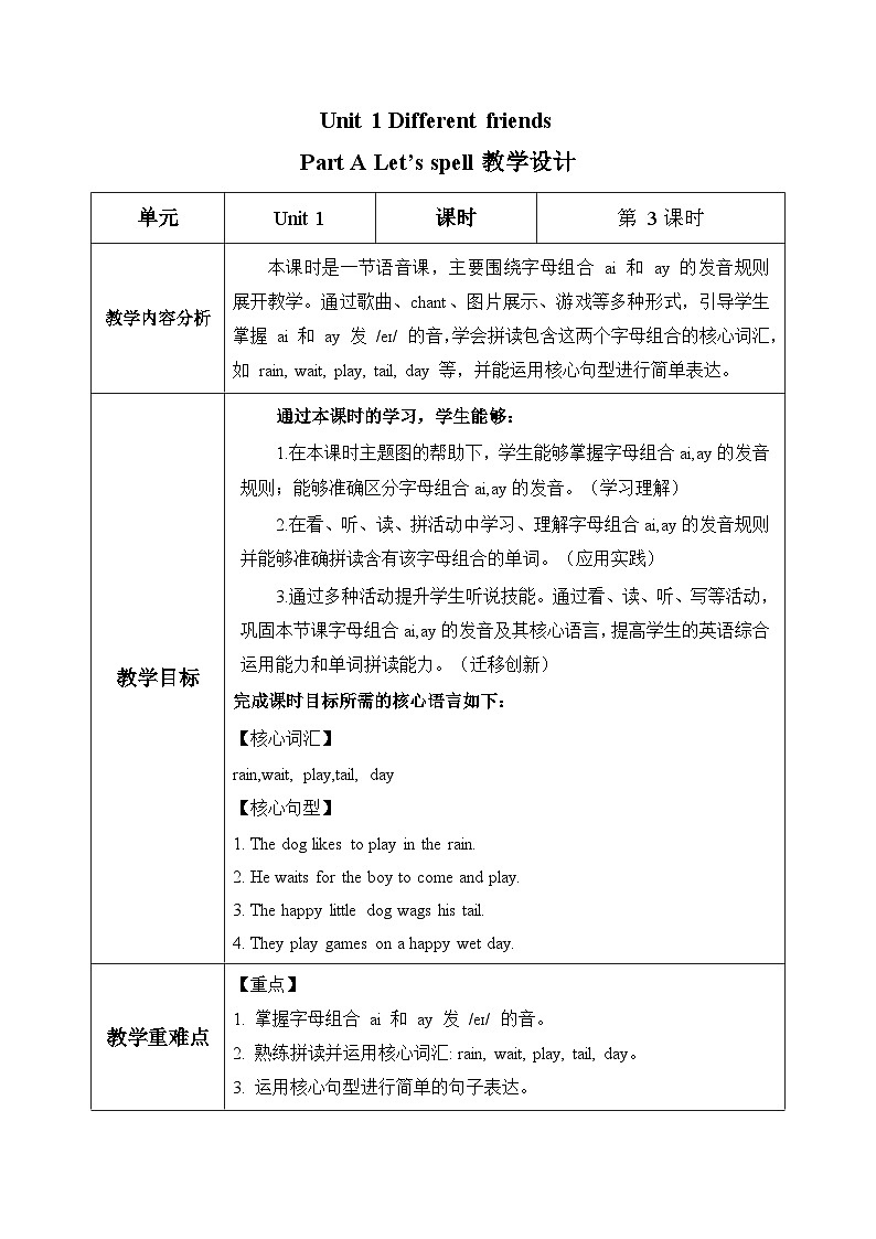 新人教PEP小学英语一起点五上Unit 1 第3课时 A spell教学设计第1页