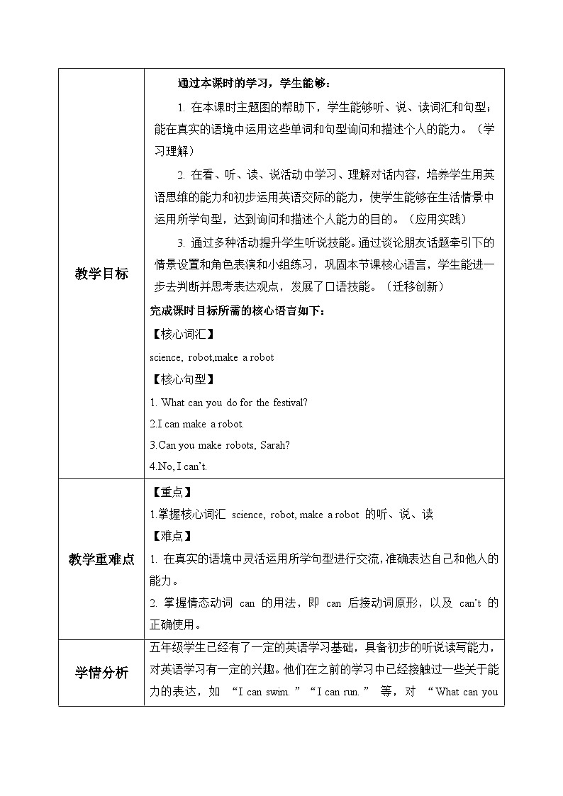 新人教PEP小学英语一起点五上Unit 1 第4课时 B talk教学设计第2页