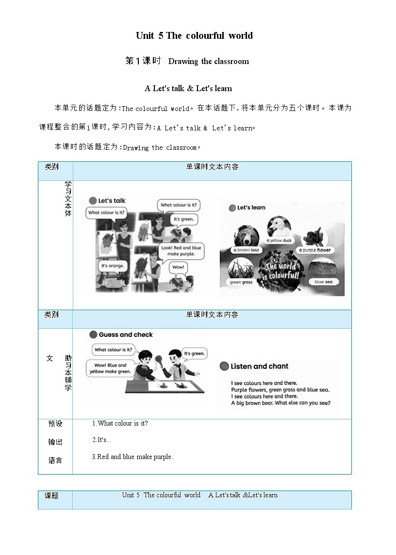 2025秋（新教材）三年级英语上册Unit 5 The colourful world Part A Let's talk + Let's learn大单元整体教学设计第1页