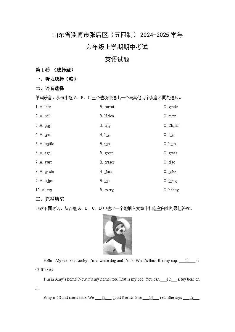 山东省淄博市张店区（五四制）2024-2025学年六年级上学期期中考试英语试卷（学生版）第1页