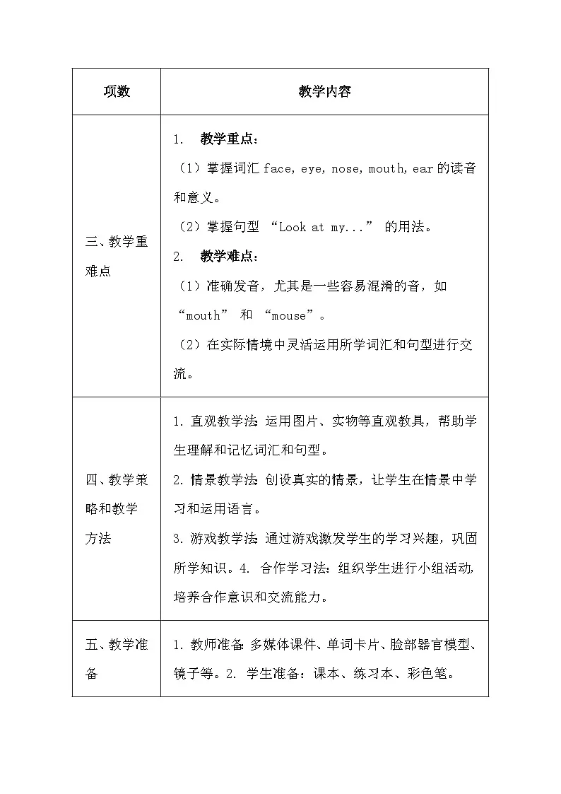 冀教版（三起）（2024）小学三年级上册英语Unit 5 Lesson 2 Look at my face 教案【表格式】第2页