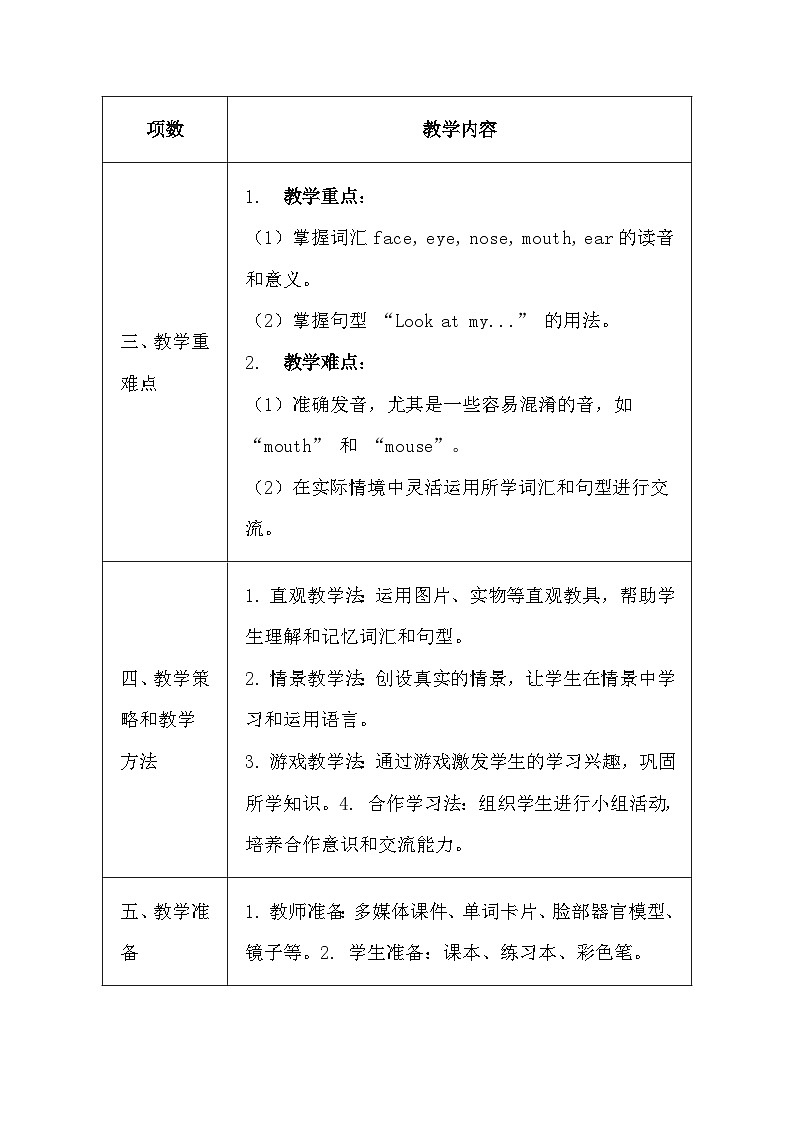 冀教版（三起）（2024）小学三年级上册英语Unit 5 Lesson 2 Look at my face 教案【表格式】第2页