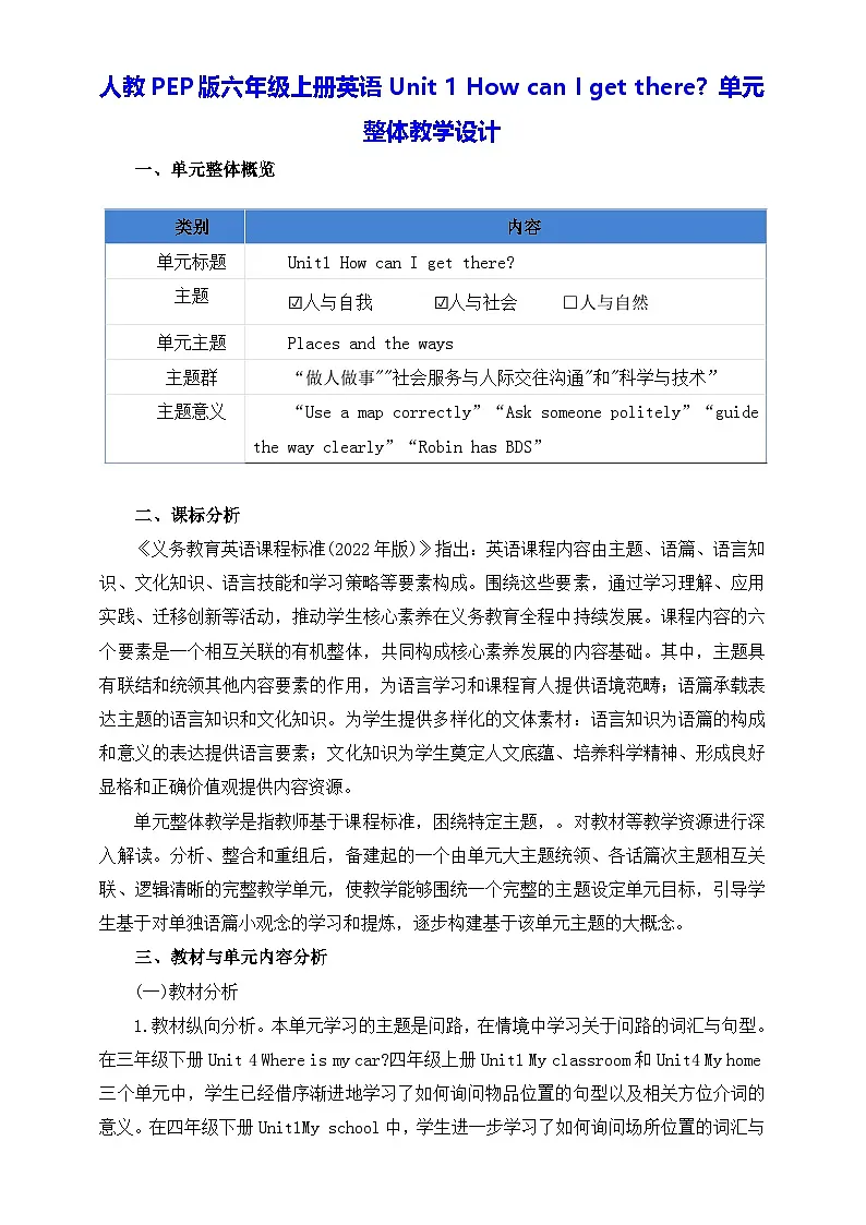 人教PEP版六年级上册英语Unit 1 How can I get there？单元整体教学设计第1页