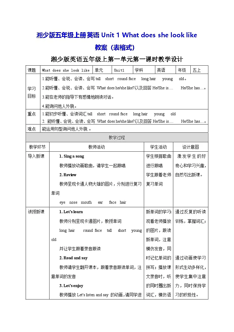 湘少版五年级上册英语Unit 1 What does she look like 教案（表格式）第1页