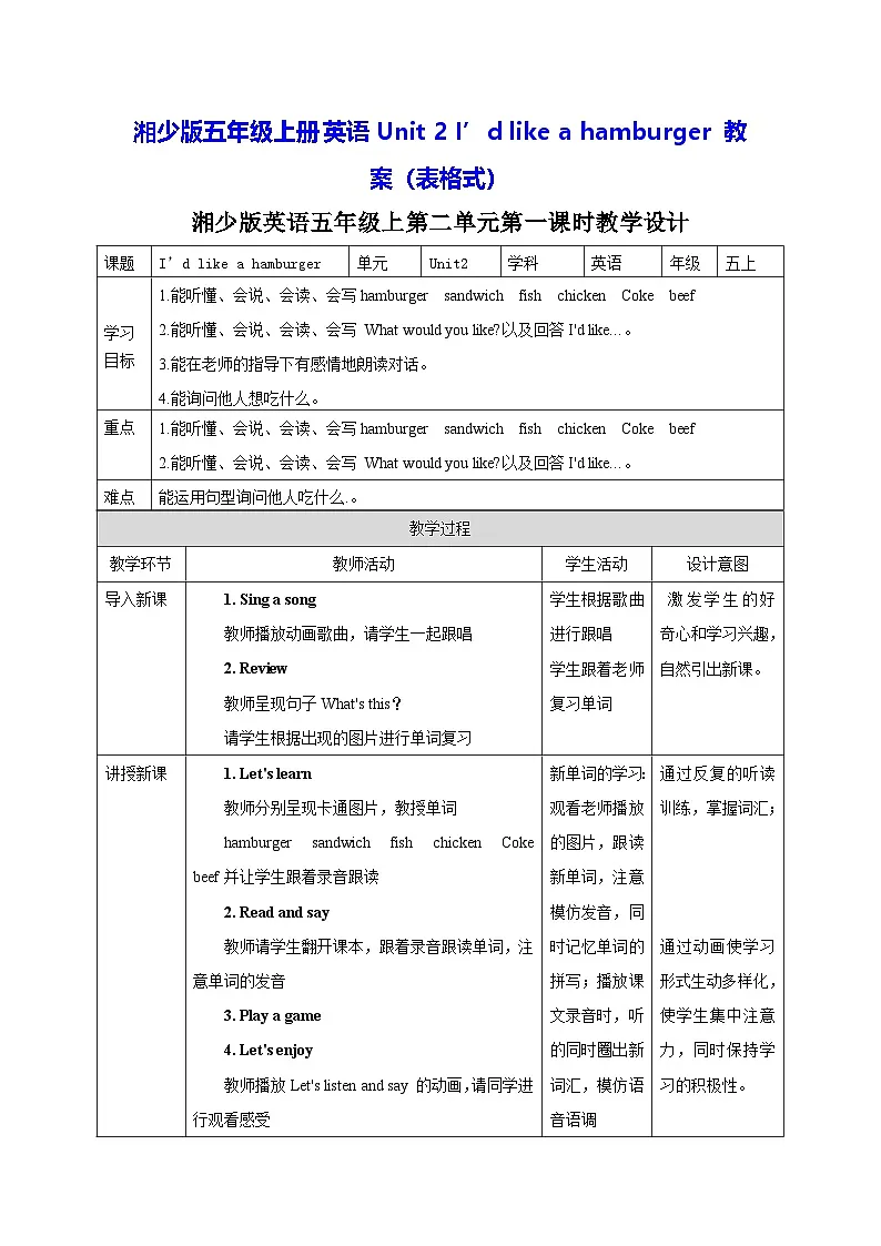 湘少版五年级上册英语Unit 2 I’d like a hamburger 教案（表格式）第1页