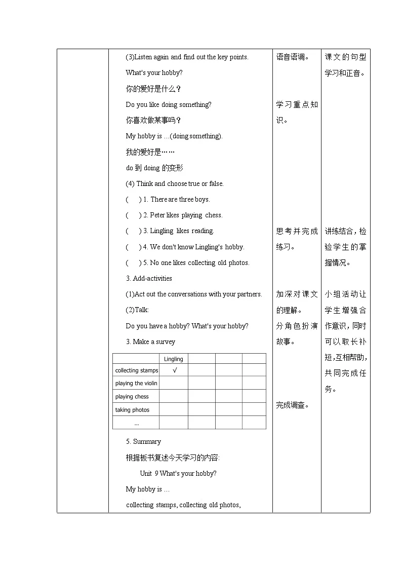 湘少版五年级上册英语Unit 9 What's your hobby教案（表格式）第2页