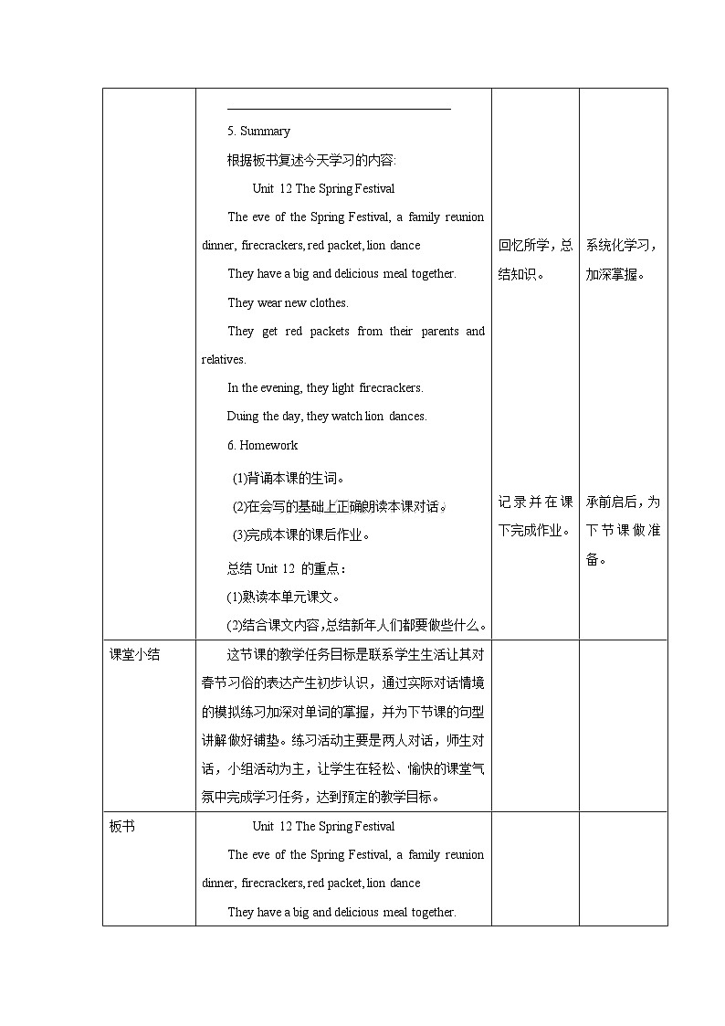 湘少版五年级上册英语Unit 12The Spring Festival教案（表格式）第3页