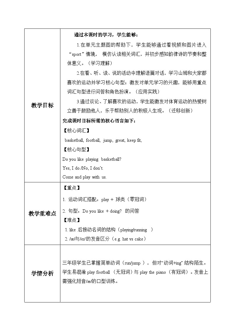 译林版英语四年级上册 Unit 4 I like sport第1课时 Cartoon time（表格式教案）第2页