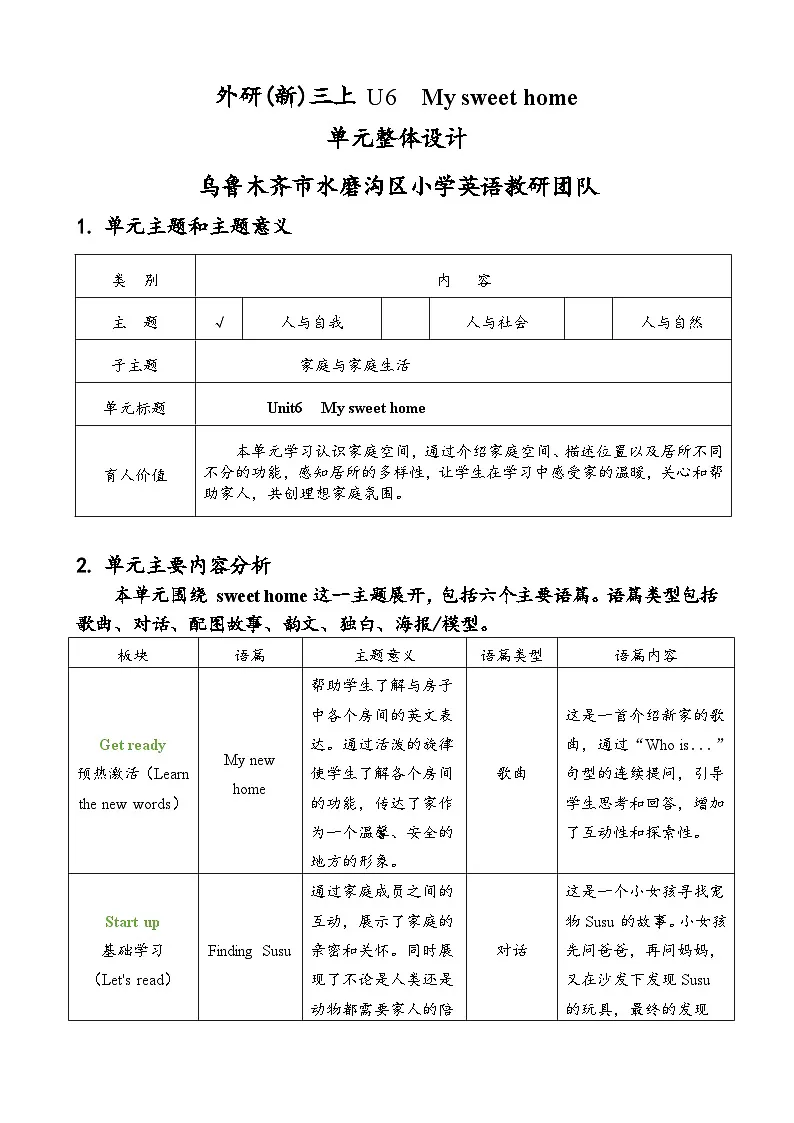 外研版2024小学英语三年上册 Unit 6 My sweet home.单元整体教学设计第1页