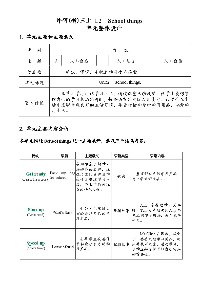 外研版2024小学英语三年级上册 Unit 2 My school things.三上U2单元整体分析教案第1页