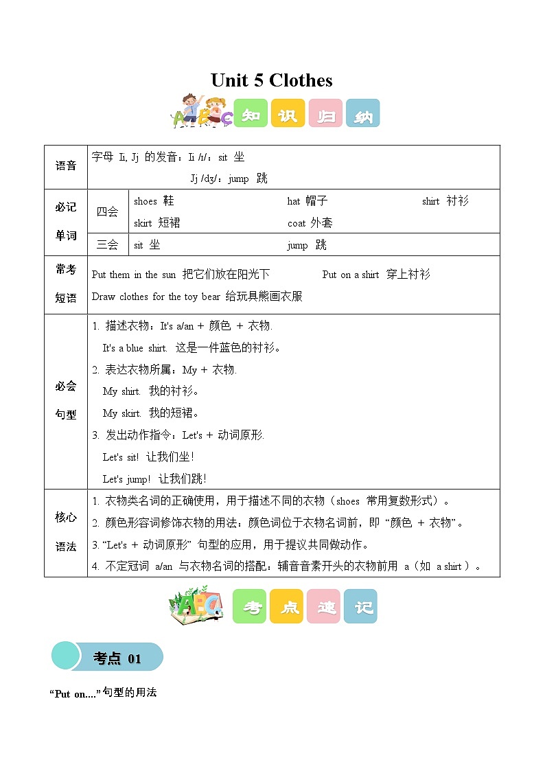Unit 5 Clothes（知识清单）新交际英语二年级上册（新教材）第1页