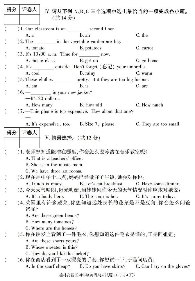 陕西省榆林市高新区2024-2025学年四年级下学期期末英语质量检测试题第3页