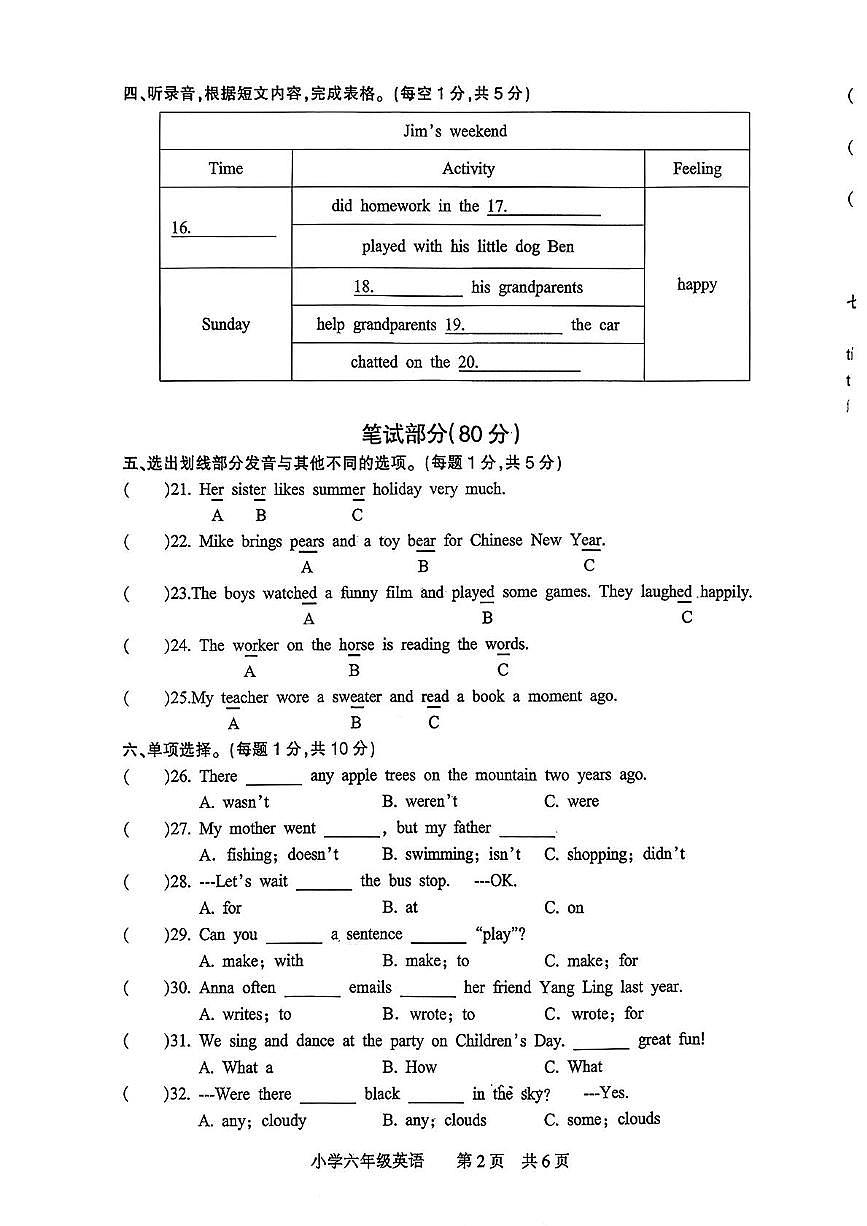 江苏省南通市通州区2025-2026学年六年级上学期英语期中练习第2页
