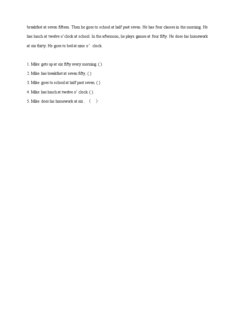 Unit 8 Early to Bed and Early to Rise Lesson 3 Part B Let's read 课后练习（含答案）-陕旅版小学英语四上第2页