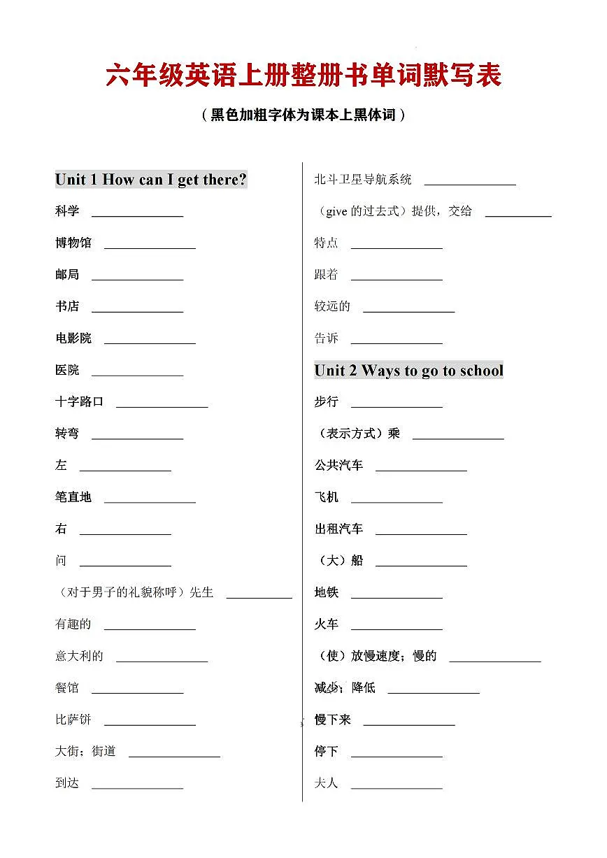 人教PEP版六年级上册英语期末整册书单词默写表练习含答案第1页