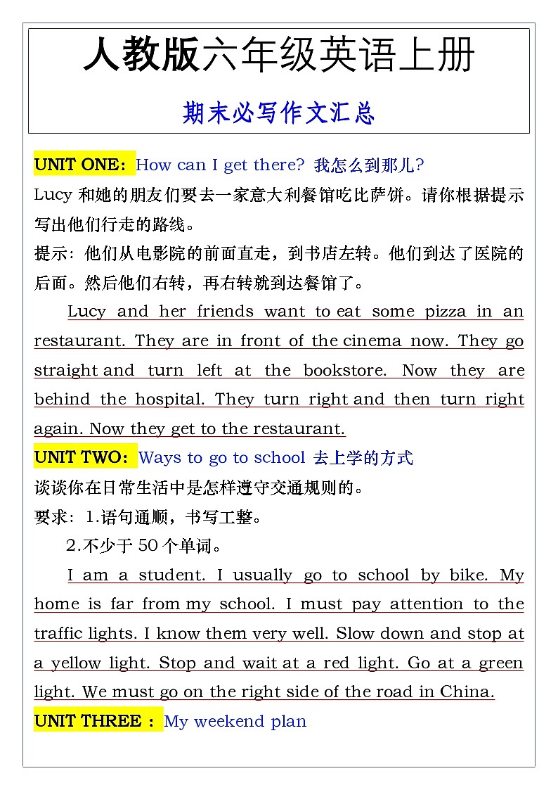 人教版六年级英语上册期末必写作文范文汇总练习第1页