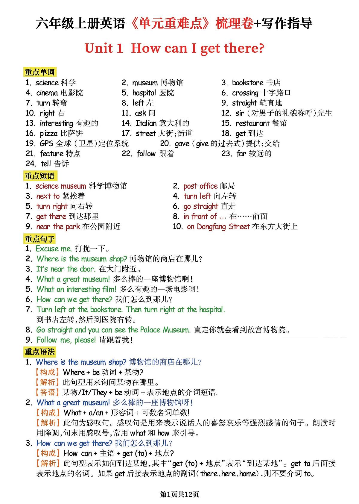 人教版六年级上册人教PEP版英语期末《1-6单元重难点》梳理卷+写作指导第1页
