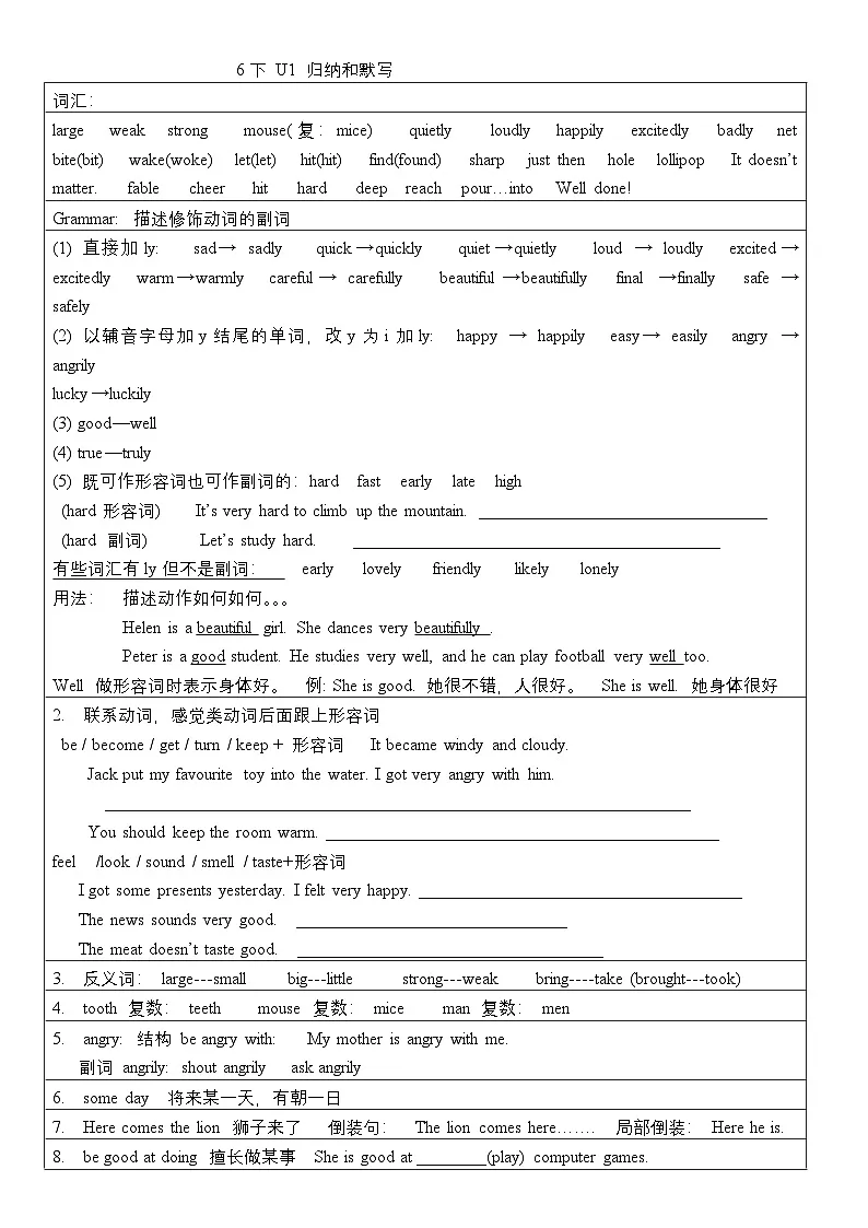 译林版英语六年级下册Unit1归纳和默写练习第1页