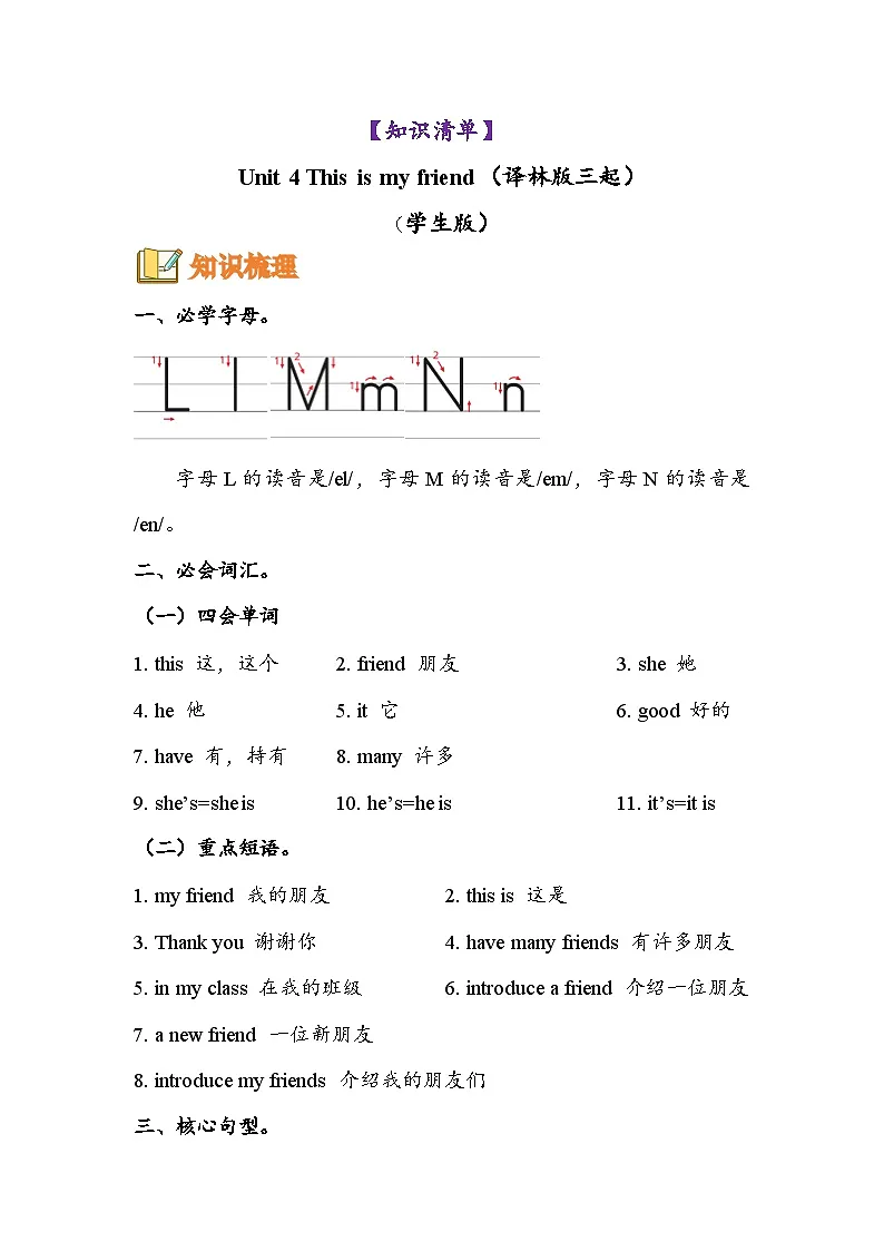 译林版英语三年级上册Unit4 This is my friend（知识清单）学生版第1页
