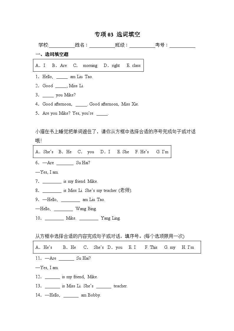 译林版英语三年级上册期末复习专项03 选词填空练习第1页