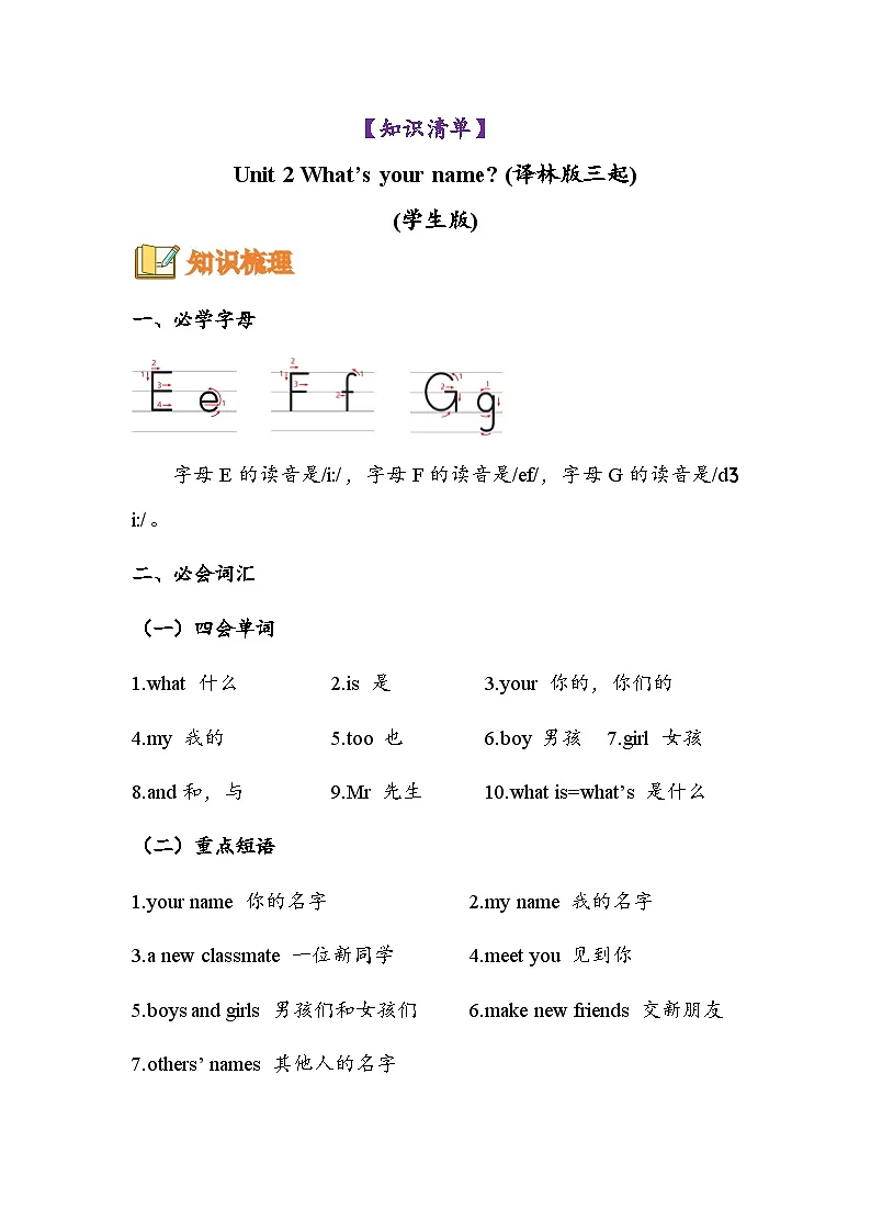 译林版英语三年级上册Unit2 What's your name？（知识清单）学生版(有答案）第1页